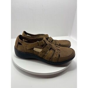 Clarks Cora River Loafer Sandal Women's 8 Brown Leather Straps Fisherman Woven